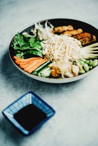 High angle view of food in plate on table