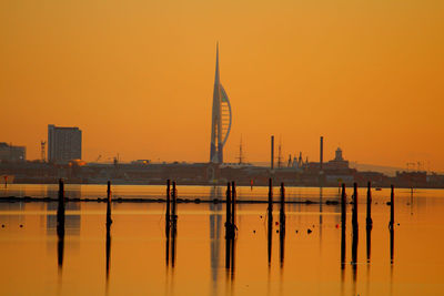 Reflection of buildings in city during sunset