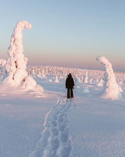 Rear view of woman walking on snow covered landscape