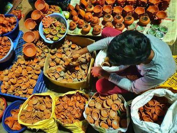 High angle view of food for sale at market stall
