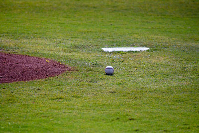 High angle view of soccer ball on field