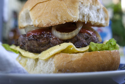 Close-up of burger in plate