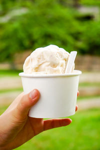 Close-up of hand holding ice cream