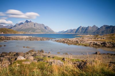 Scenic view of lake by mountains against sky