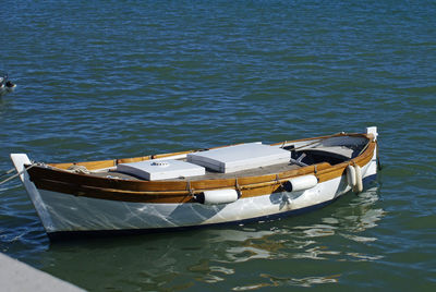 High angle view of ship moored at sea