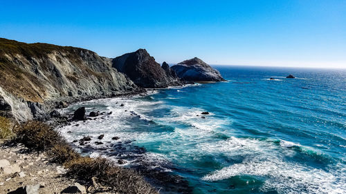 Scenic view of sea against clear blue sky