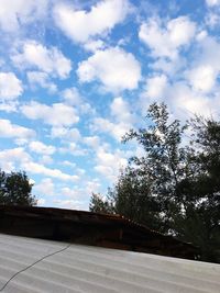 Low angle view of trees and building against sky