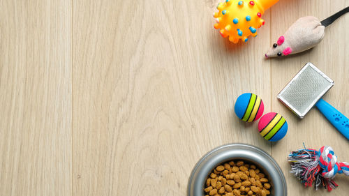 High angle view of multi colored candies on table