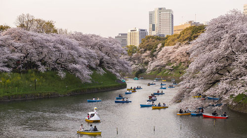 Boats in river by buildings in city