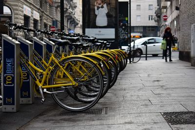 Bicycles on sidewalk in city