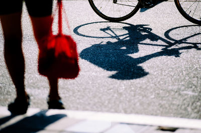 Shadow of person riding bicycle on road