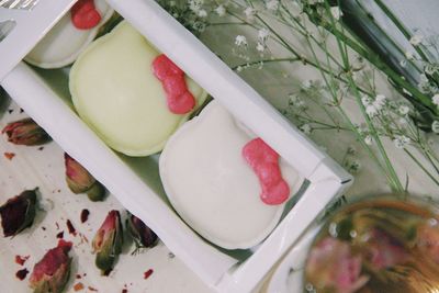 High angle view of dessert in plate on table