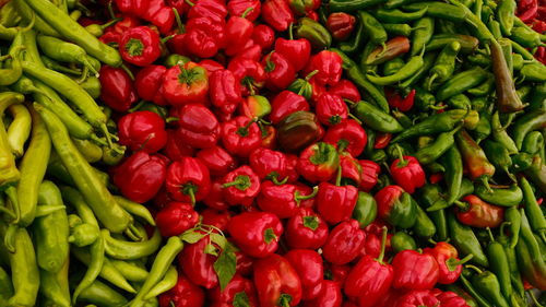 Close up peppers in green and red colours