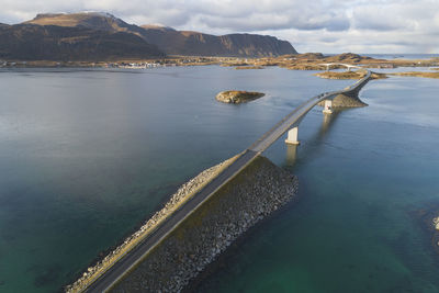 Bridge over norway fjords from aerial view