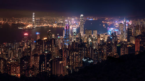 High angle view of illuminated city at night