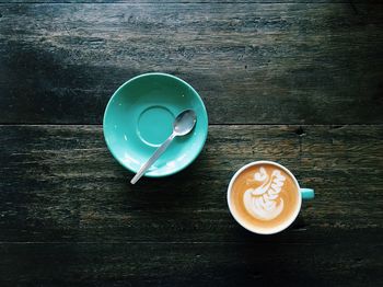 Directly above shot of cappuccino served on table