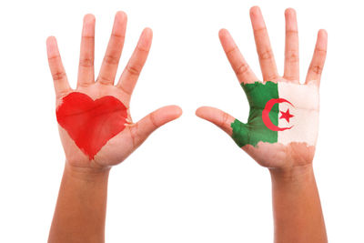 Close-up of human hand against white background