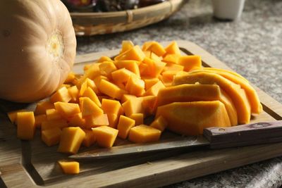 High angle view of chopped vegetables on cutting board