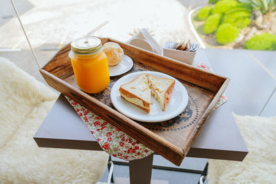 High angle view of breakfast on table