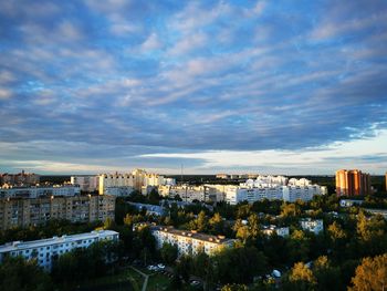 High angle view of buildings against sky