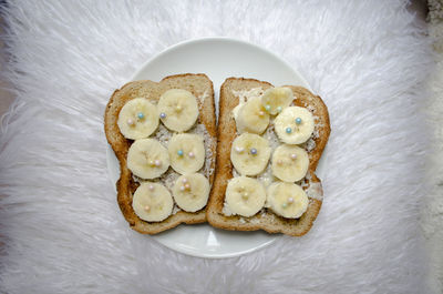 High angle view of bread in plate on table