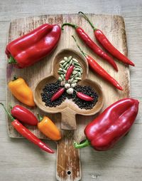 High angle view of chili peppers on table