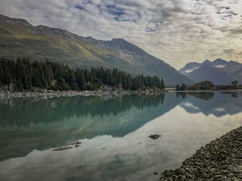 Panoramic view of lake and mountains against sky