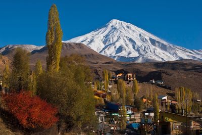 Panoramic view of trees and mountains against clear blue sky