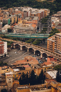 High angle view of city buildings