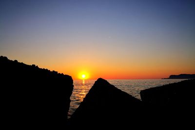 Scenic view of sea against clear sky during sunset