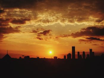 Silhouette of city at sunset