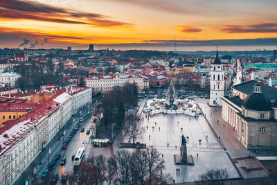 High angle view of city against sky during sunset