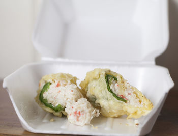 Close-up of food served in plate on table