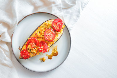 High angle view of food in plate on table