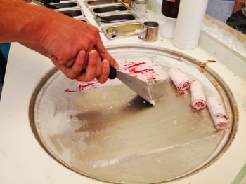 High angle view of person preparing food in kitchen