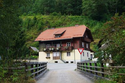 House amidst trees and plants in forest