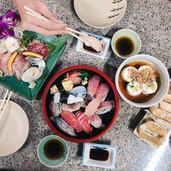 High angle view of sushi served on table