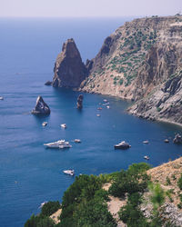 High angle view of boats sailing in sea