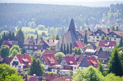 High angle view of buildings in city