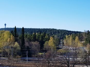 Scenic view of forest against clear blue sky