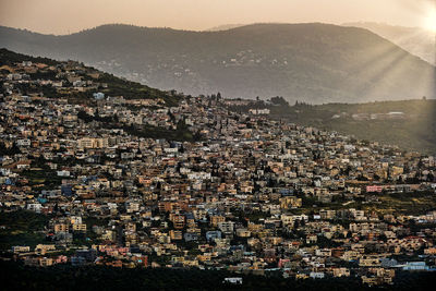 High angle shot of townscape against sky