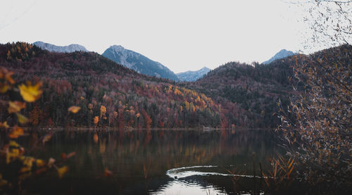 Scenic view of lake and mountains against clear sky