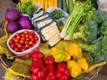 High angle view of vegetables for sale at market stall