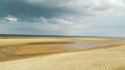 Scenic view of beach against cloudy sky