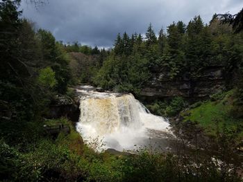 Scenic view of waterfall in forest against sky