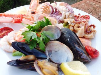 Close-up of seafood in plate on table