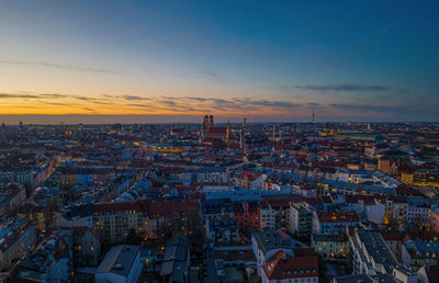 Aerial view of munich with frauenkirche and st. peter's church in the center. munich, germany