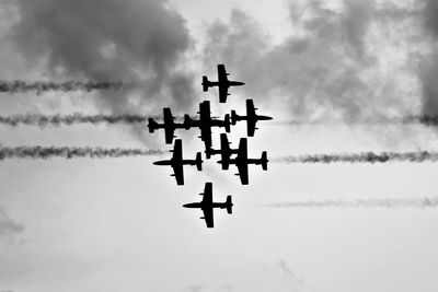 Directly below shot of airshow against cloudy sky