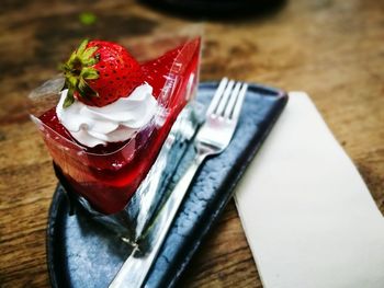 High angle view of dessert in plate on table