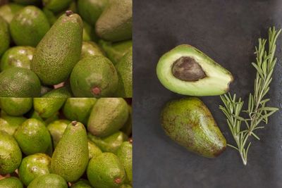 Collage photo of fresh avocado, top view.
